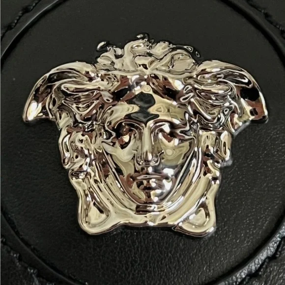 NWT VERSACE LA MEDUSA LOGO BLACK LEATHER STUDDED BAG CHARM KEY CHAIN - Picture 3 of 14